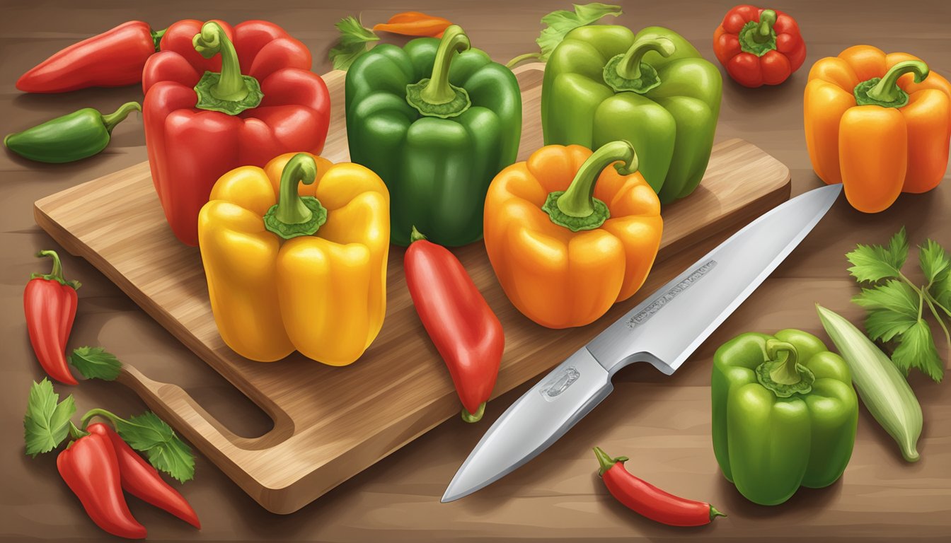 A colorful assortment of bell peppers arranged on a cutting board, with a knife nearby and a measuring cup filled with sliced peppers