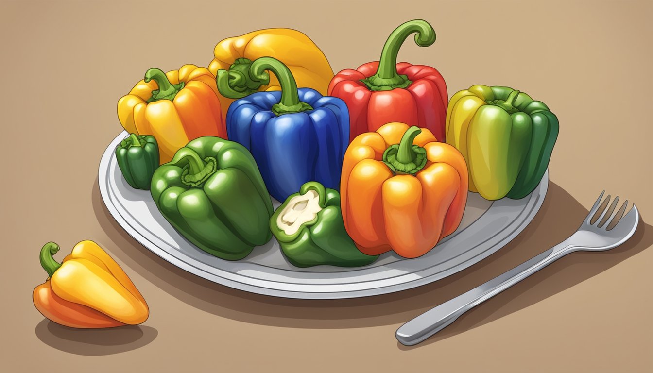 A plate with a variety of colorful bell peppers, with a portion of sliced bell pepper on a separate plate