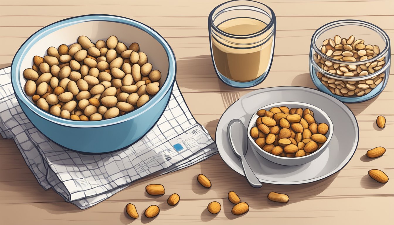 A bowl of peanuts next to a measuring cup and a diabetes-friendly meal plan