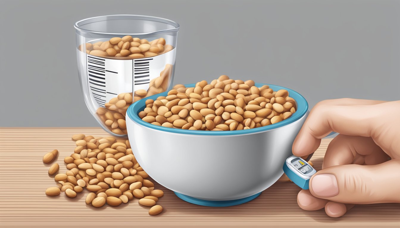 A diabetic hand pours a measured portion of peanuts from a bag into a small bowl, surrounded by a measuring cup and a blood glucose monitor