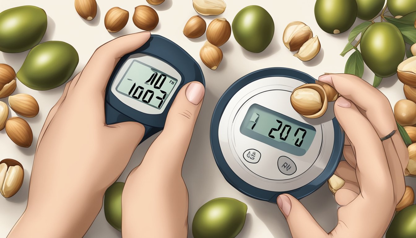 A diabetic measuring out a portion of macadamia nuts with a small scale