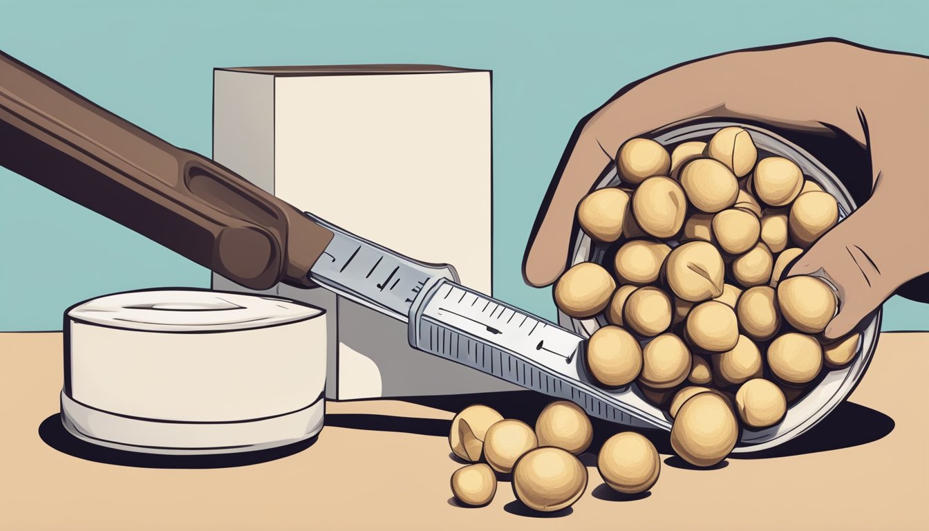 A diabetic's hand holding a small portion of macadamia nuts, with a measuring tool nearby to indicate portion control