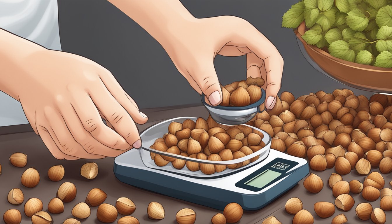 A diabetic measuring out a portion of hazelnuts using a small kitchen scale