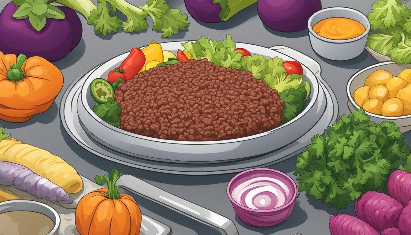 A plate of lean ground beef surrounded by colorful vegetables and a measuring cup