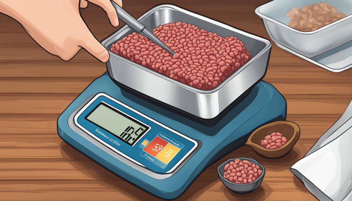 A diabetic measuring out a portion of lean ground beef on a kitchen scale