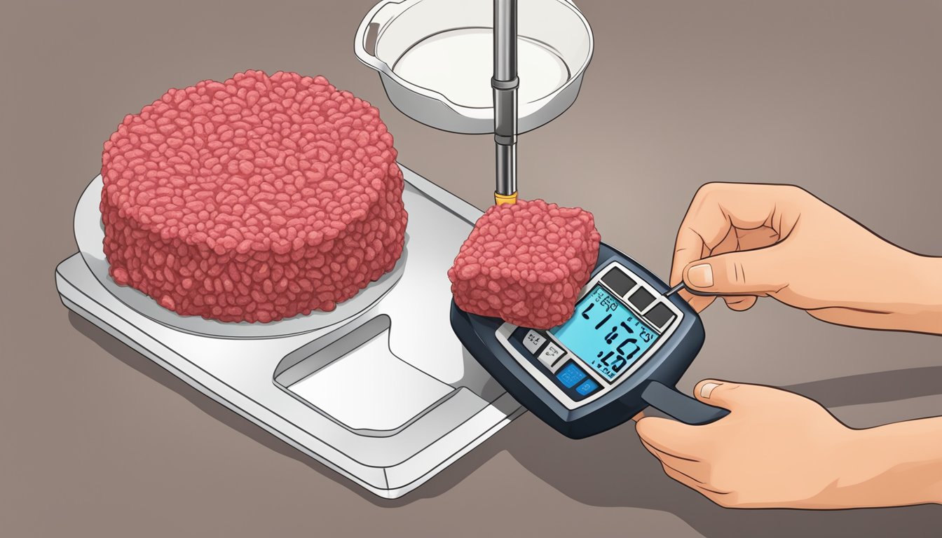 A diabetic measuring out a portion of lean ground beef for a meal