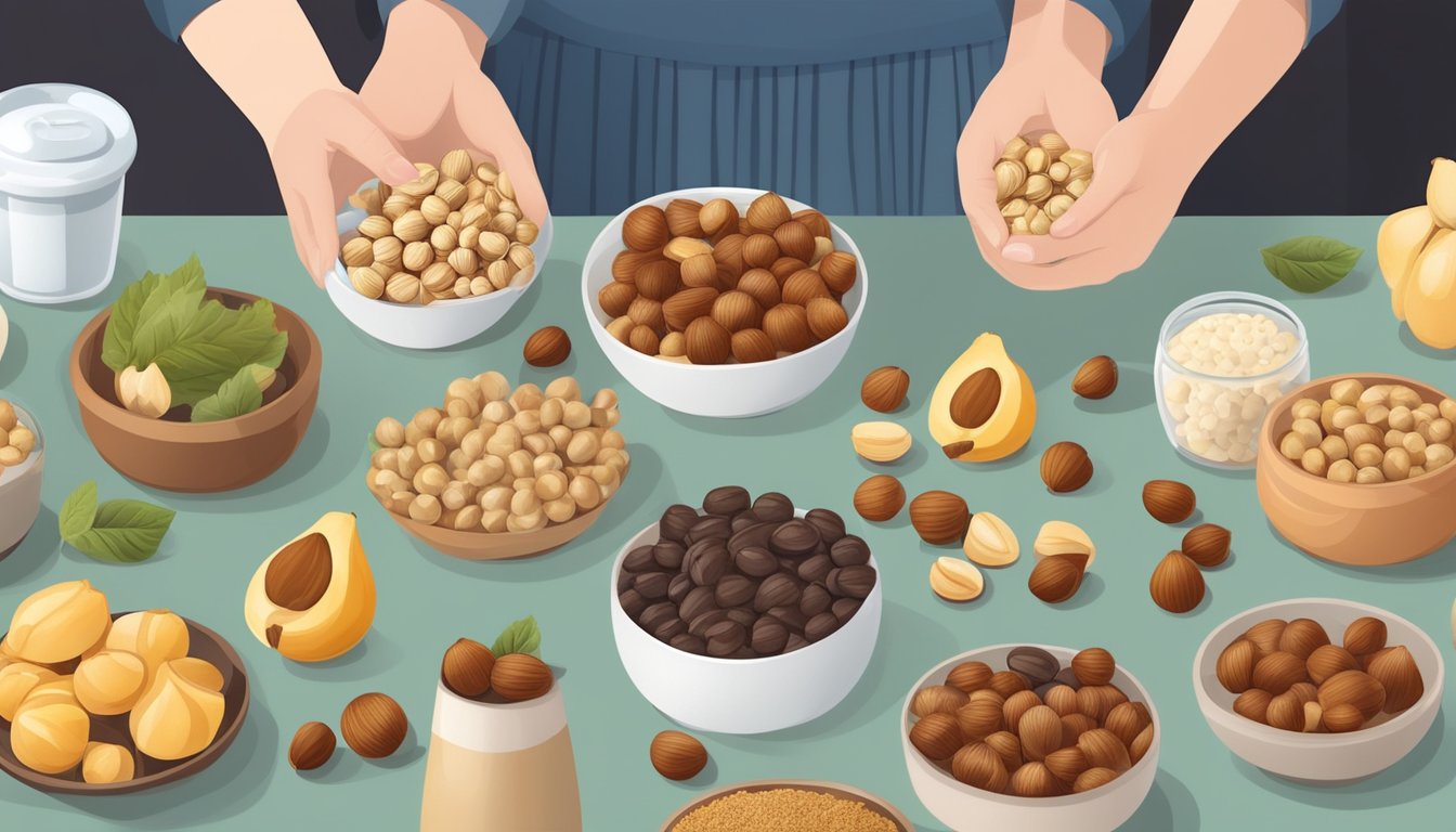 A diabetic person holding a handful of hazelnuts while surrounded by various healthy food options