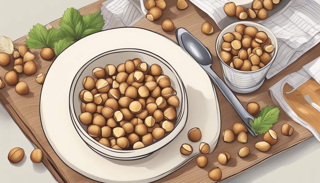 A bowl of hazelnuts next to a measuring cup and a diabetic food guide