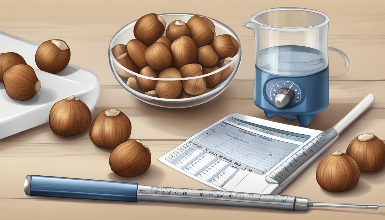 A diabetic measures hazelnuts with a measuring cup. A nutrition label and blood sugar monitor are nearby