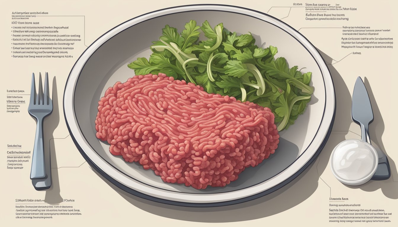 A plate with a portion of lean ground beef, a measuring cup, and a diabetic food guide