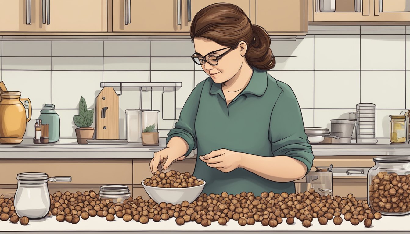 A diabetic carefully counting out a small handful of hazelnuts on a kitchen counter