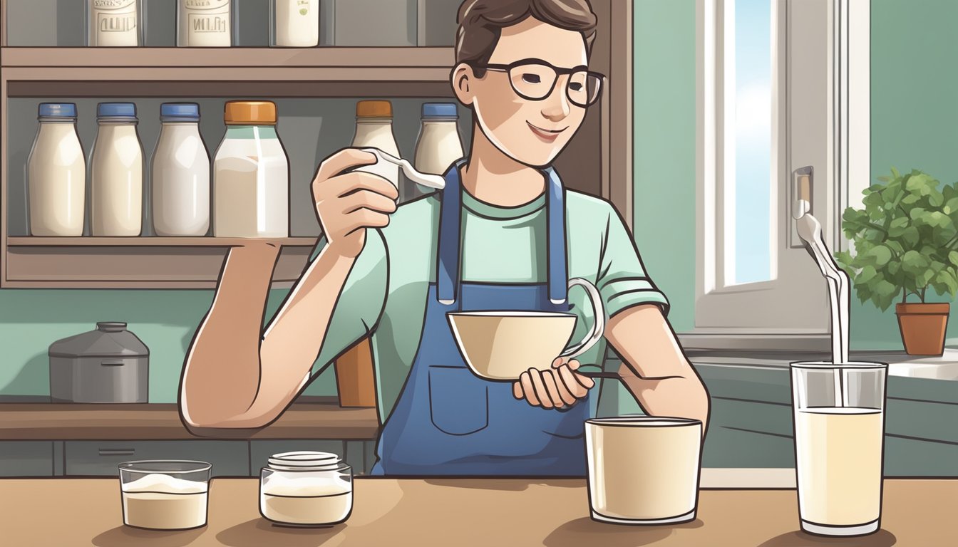 A diabetic pours a measured amount of soy milk into a glass, with a carton of soy milk nearby