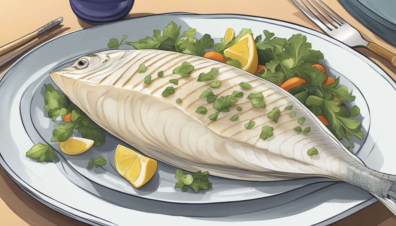 A plate with a portion of halibut, a measuring tool, and a diabetes-friendly food guide