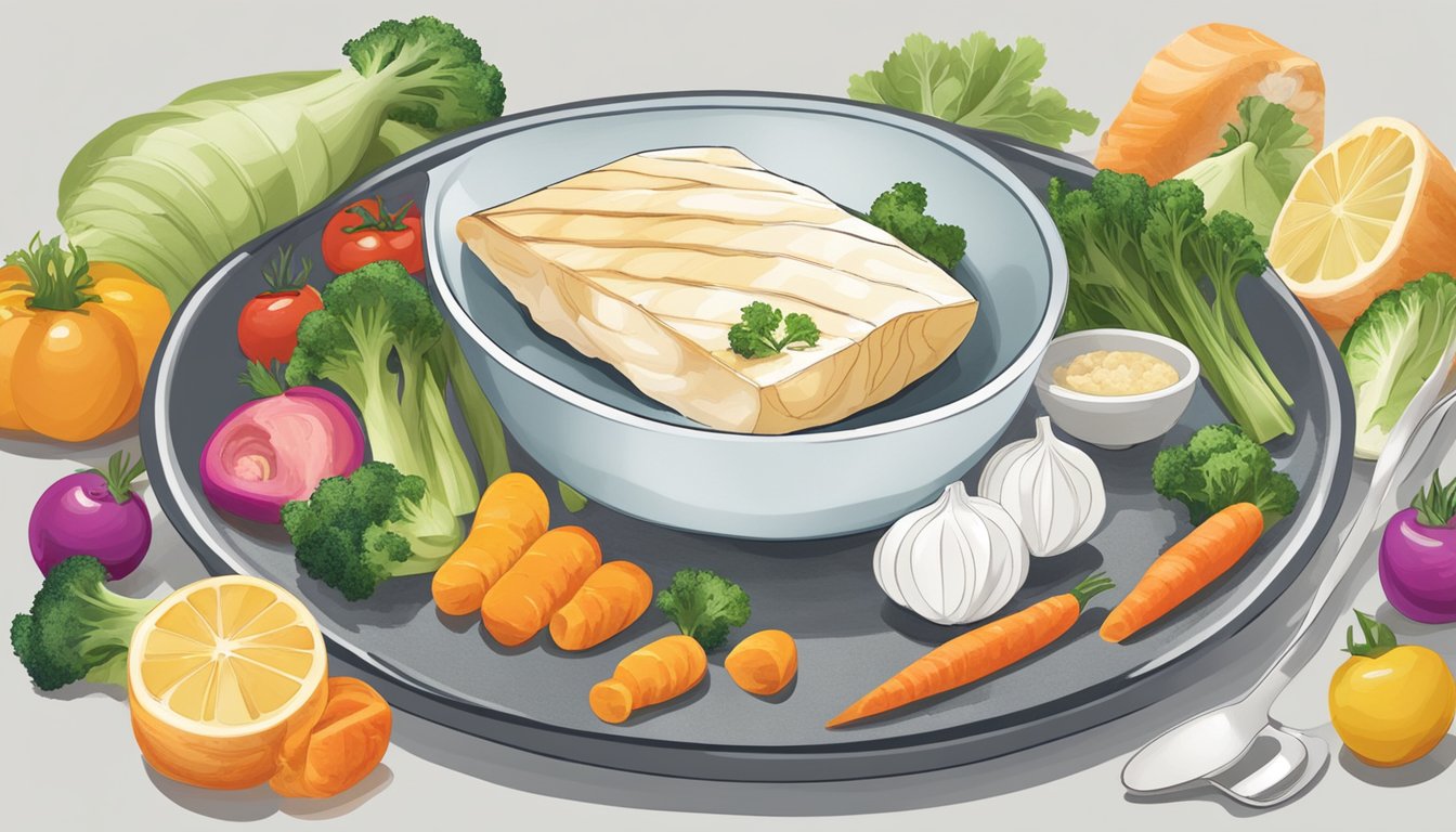 A plate with a portion of cooked halibut, surrounded by colorful vegetables and a measuring cup to indicate portion size