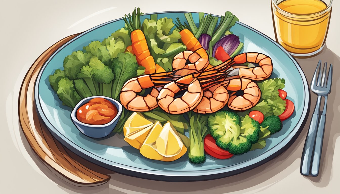 A plate of grilled shrimp with a variety of colorful vegetables arranged around it, with a measuring cup showing a recommended portion size for a diabetic diet