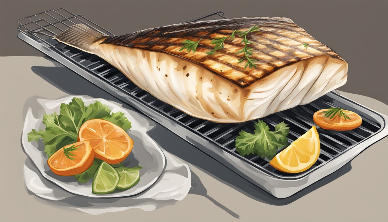 A piece of halibut being grilled on a barbecue