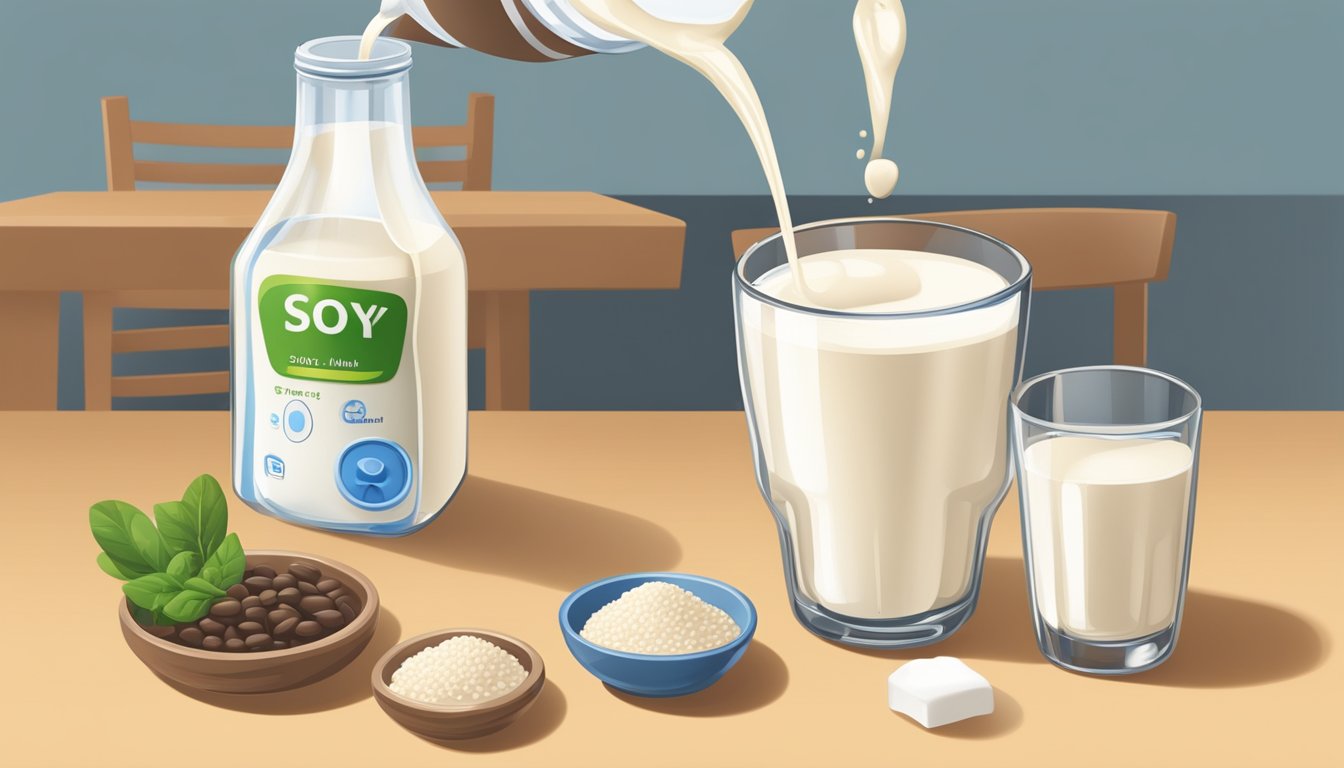 A diabetic pours a measured amount of soy milk into a glass, alongside a measuring cup and a carton of soy milk