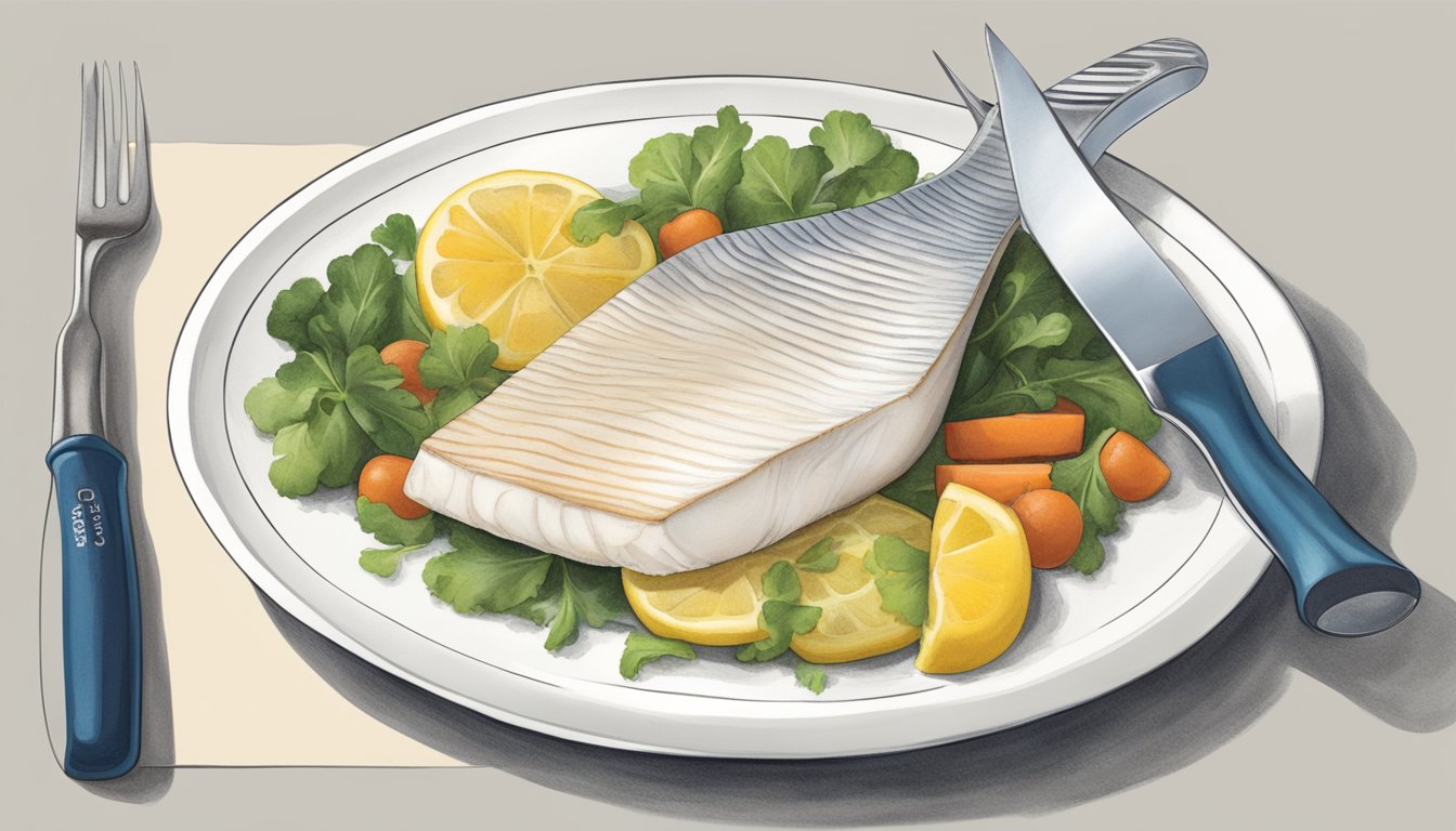 A plate with a portion of halibut, a measuring tool, and a diabetic-friendly food guide