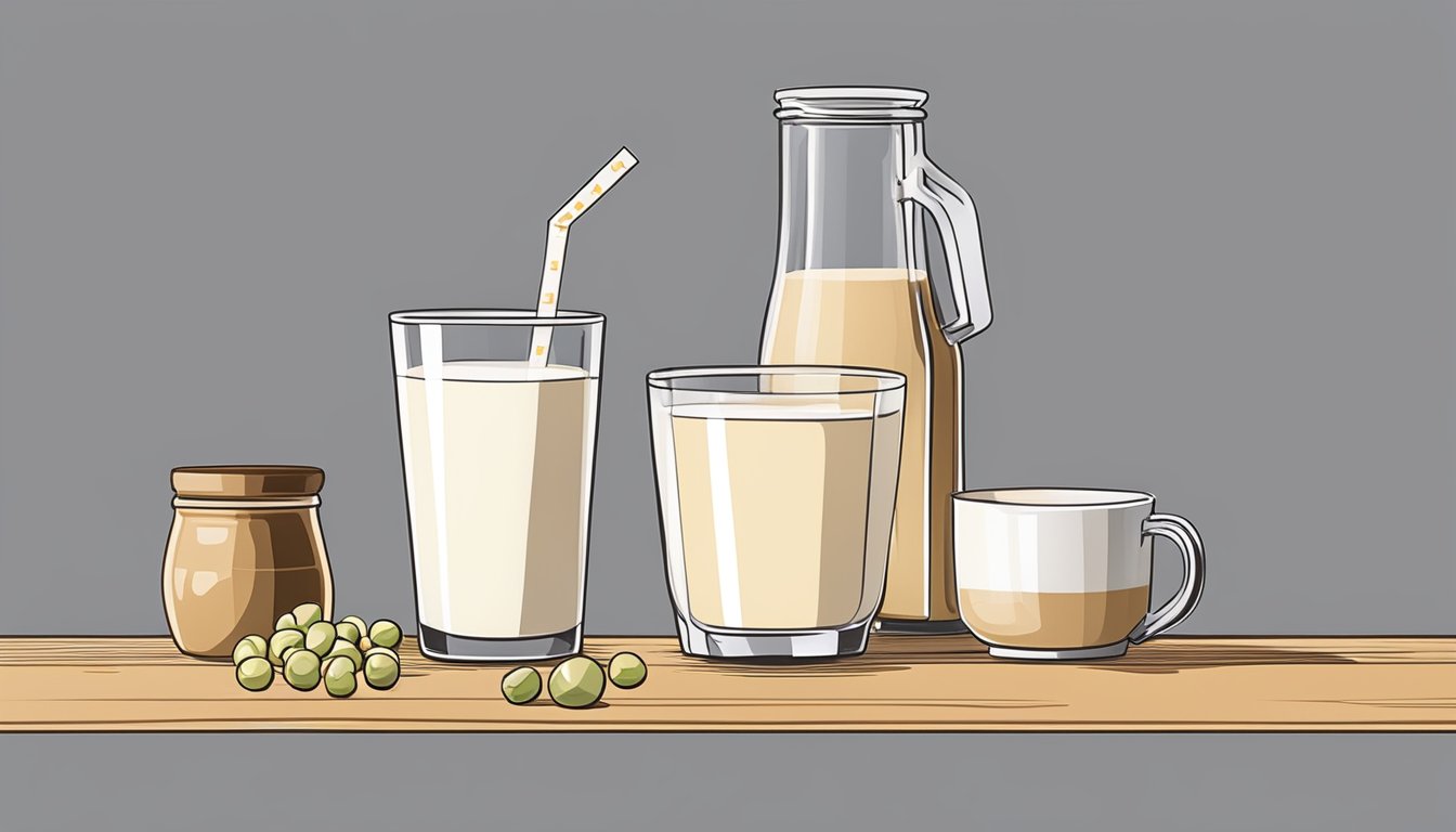 A person measuring soy milk in a glass with a measuring cup and a bottle of soy milk beside it