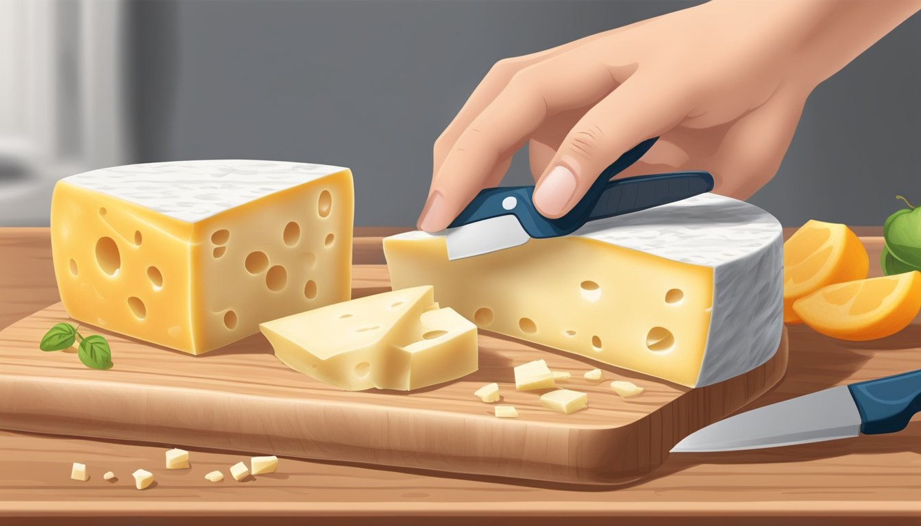 A diabetic carefully measures and cuts a portion of low-fat cheese on a cutting board