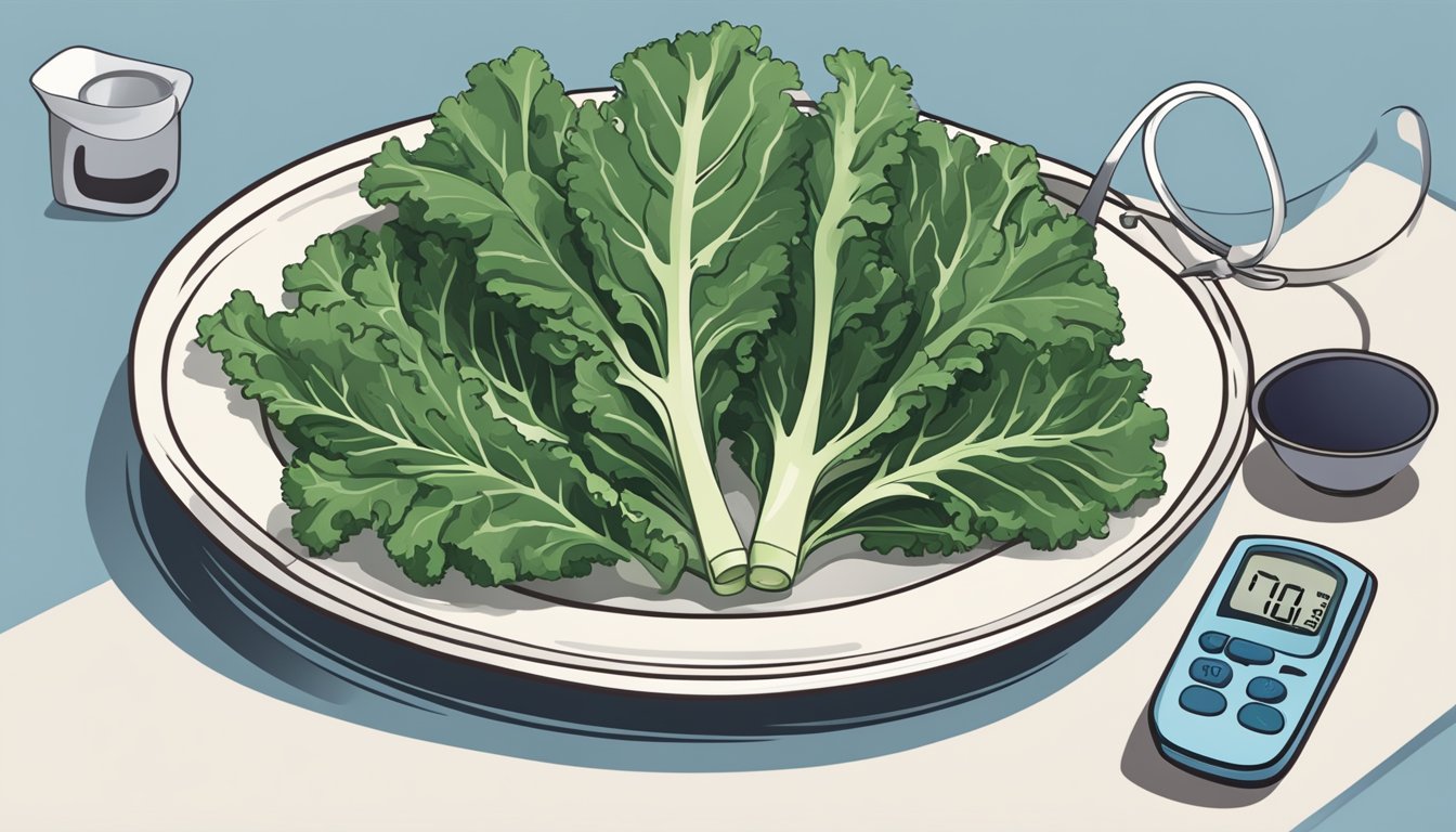 A plate with a portion of kale next to a measuring cup, a blood glucose monitor, and a diabetes education pamphlet