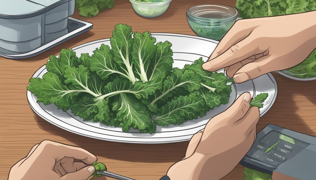 A person with diabetes measuring portions of kale on a plate