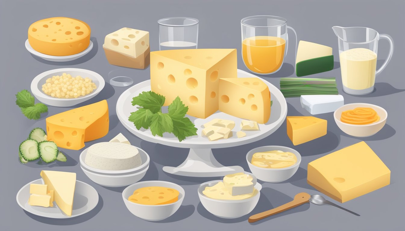 A table with various low-fat cheese options, a measuring cup, and a diabetes-friendly food guide