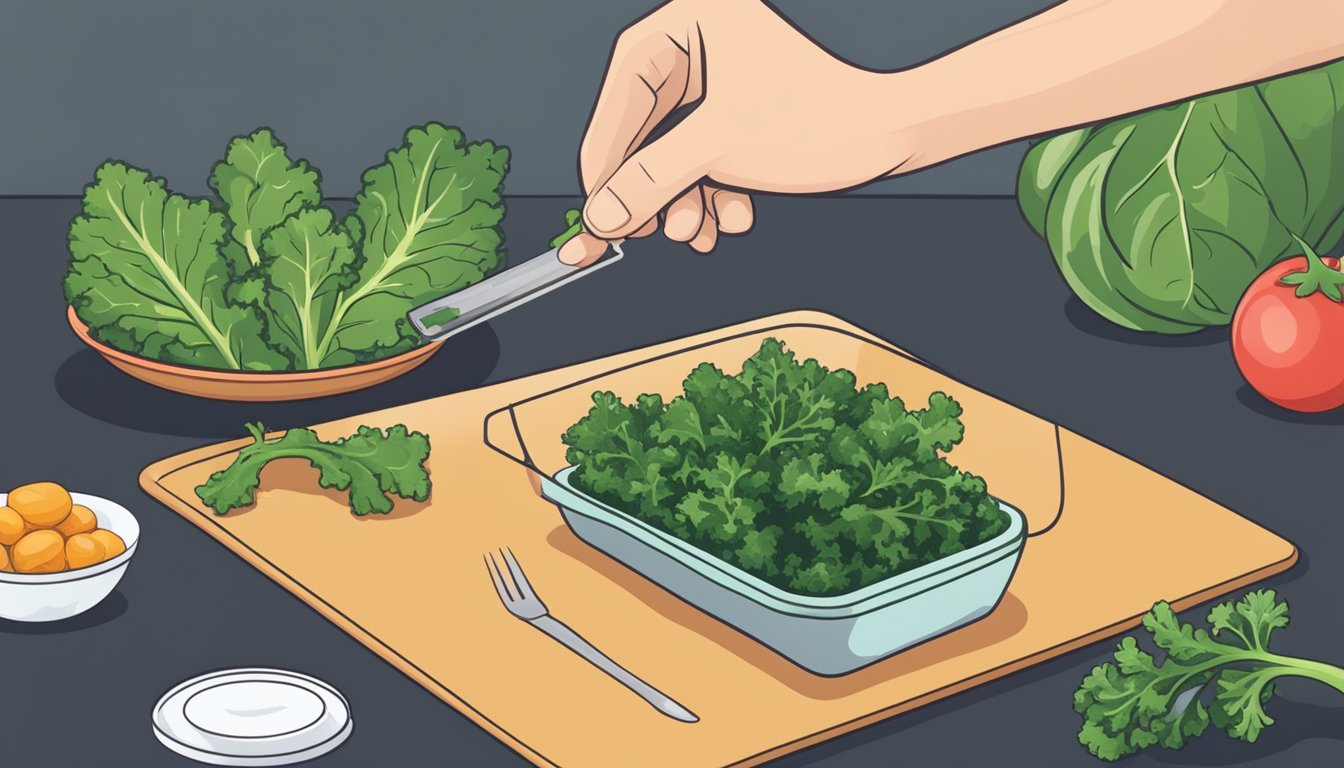 A diabetic carefully measuring and preparing a small portion of kale for a balanced meal