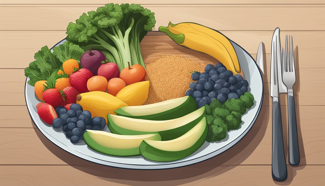 A plate with a variety of colorful fruits, vegetables, lean protein, and whole grains, with a small portion of kale as part of a balanced diabetic meal plan