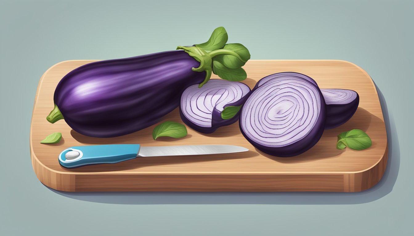 A diabetic measuring and slicing eggplant on a cutting board