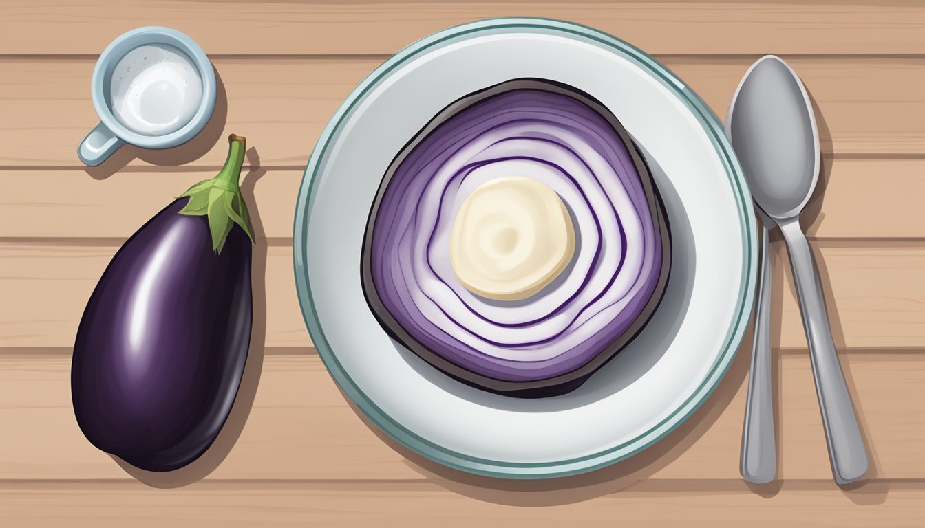 A plate with a portion of cooked eggplant and a measuring cup next to it, indicating portion control for diabetics