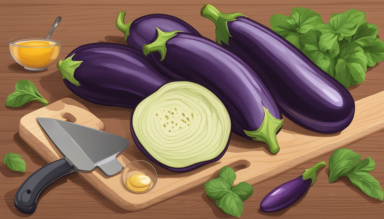 Sliced eggplants on a cutting board, alongside measuring cups and a nutrition guide