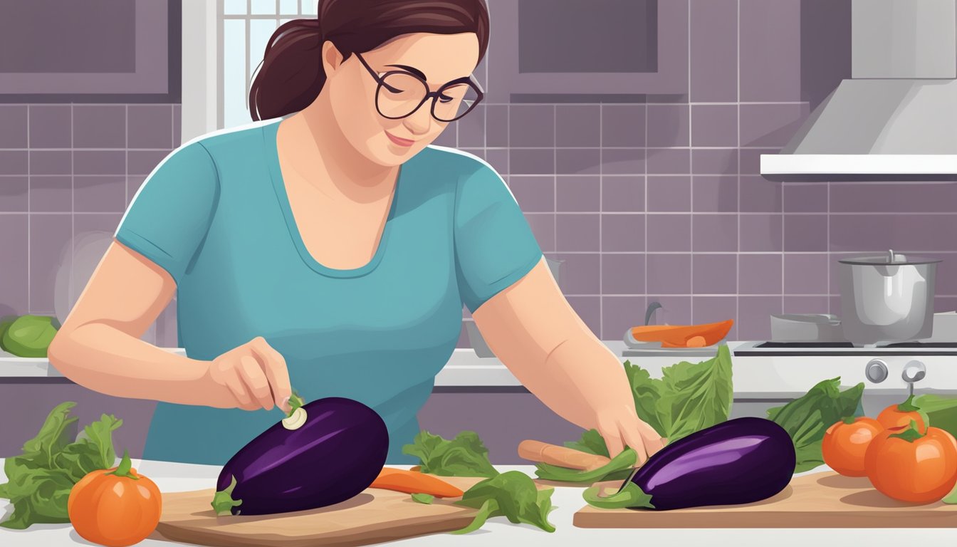 A person with diabetes carefully measuring and cutting eggplant for a healthy meal