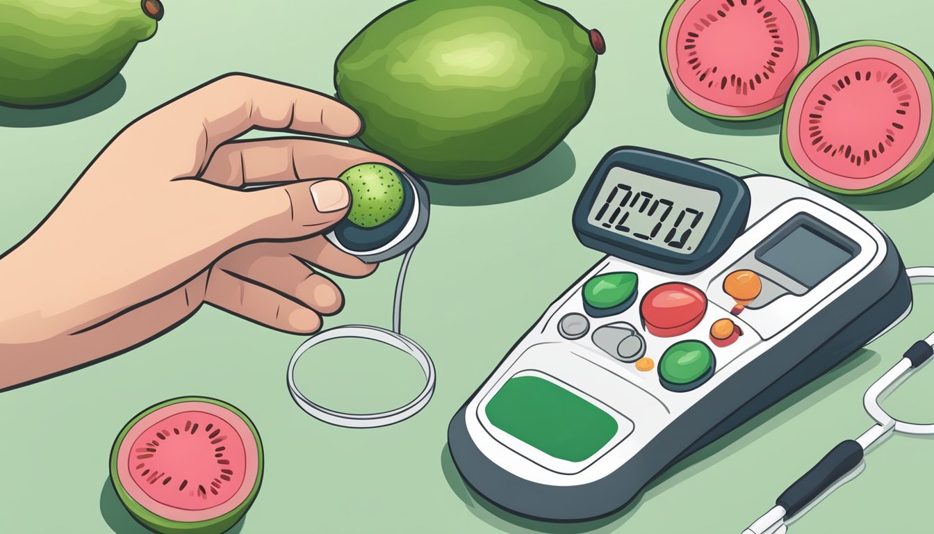 A diabetic person holding a guava and a blood sugar monitoring device, with a doctor or nutritionist advising on portion control