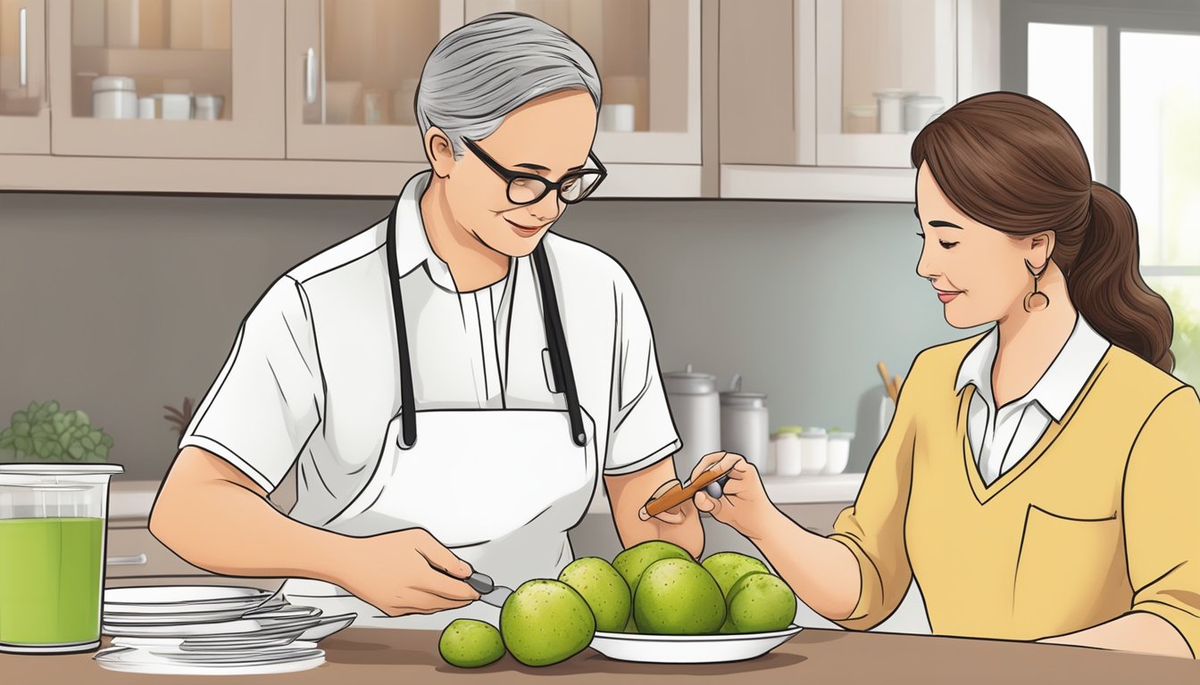 A dietician adding guavas to a balanced meal plan for a diabetic client