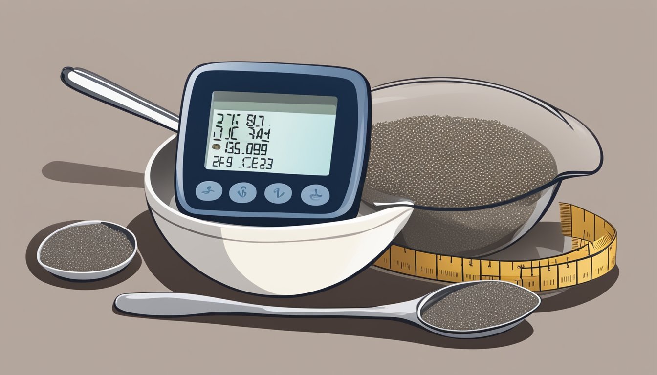 A small bowl filled with chia seeds next to a measuring spoon, a blood glucose monitor, and a diabetic-friendly food guide