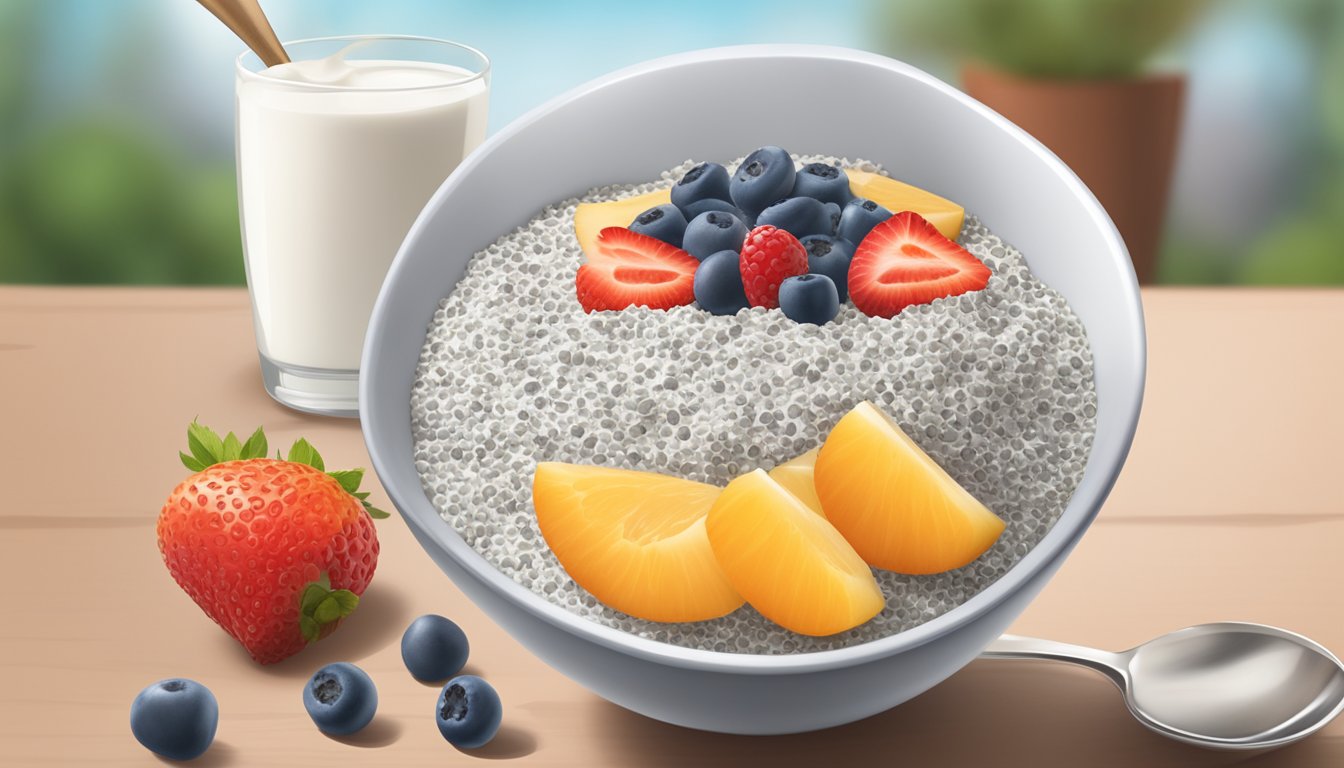 A bowl of chia seeds being sprinkled onto a bowl of yogurt and fruit with a diabetic-friendly label in the background