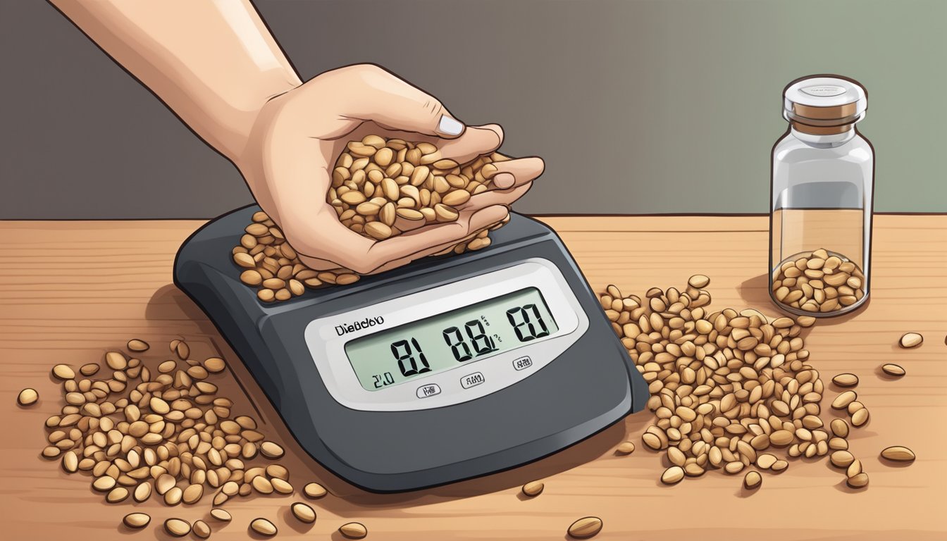 A diabetic carefully measures a small portion of pine nuts onto a kitchen scale