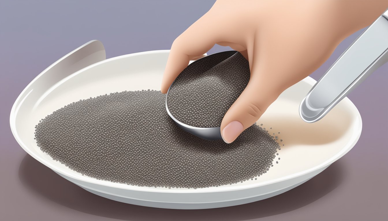 A diabetic measuring out a portion of chia seeds with a measuring spoon