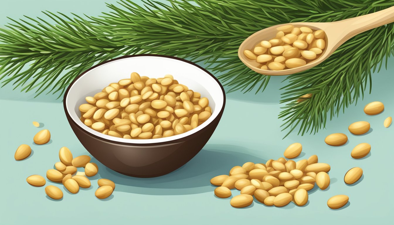 A small pile of pine nuts next to a measuring cup with a specific portion highlighted for diabetics