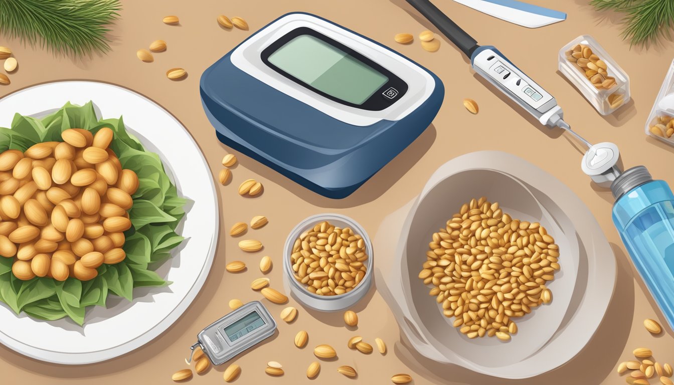 A small pile of pine nuts surrounded by a blood sugar monitoring device and a diabetic-friendly meal