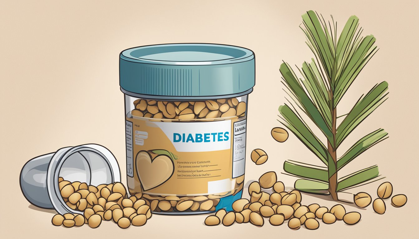 A small pile of pine nuts arranged next to a measuring cup, a diabetes-friendly food label, and a heart-shaped diagram