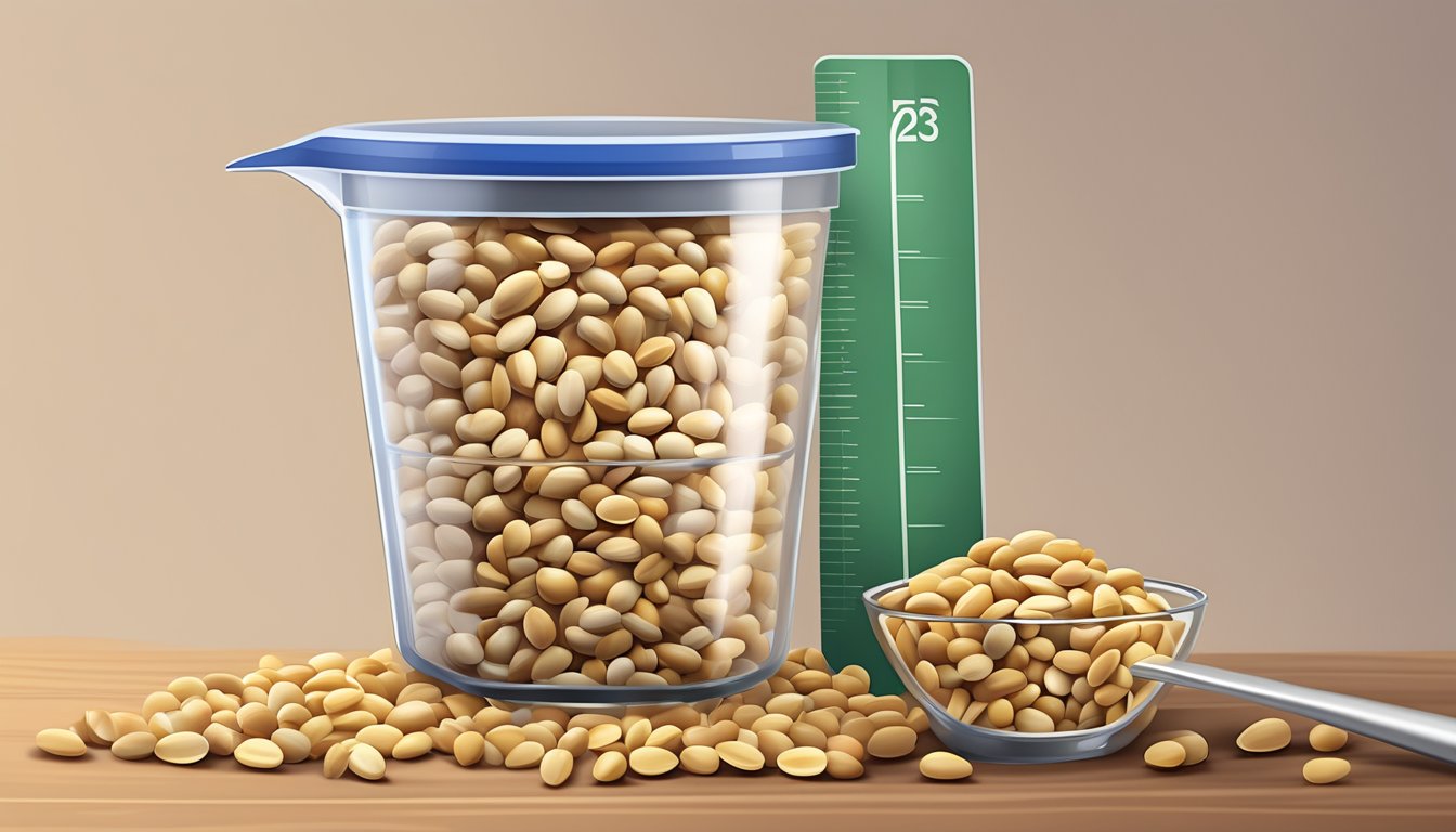 A small pile of pine nuts next to a measuring cup, with a label showing the safe serving size for diabetics