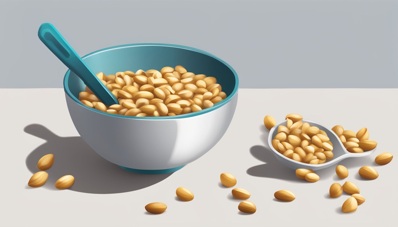 A small bowl of pine nuts sits next to a measuring cup, with a few nuts spilling out onto the counter