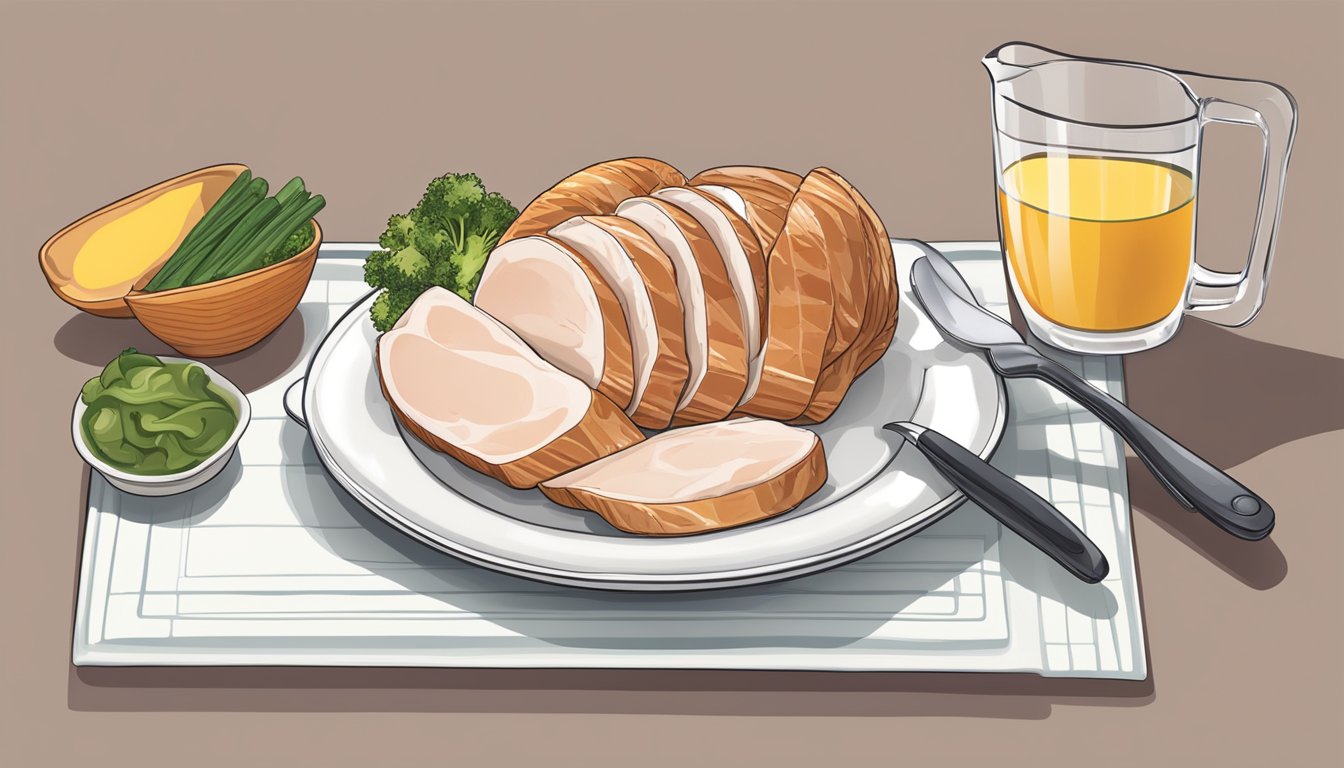 A plate with a portion of sliced turkey breast, alongside a measuring cup and a diabetes-friendly food guide