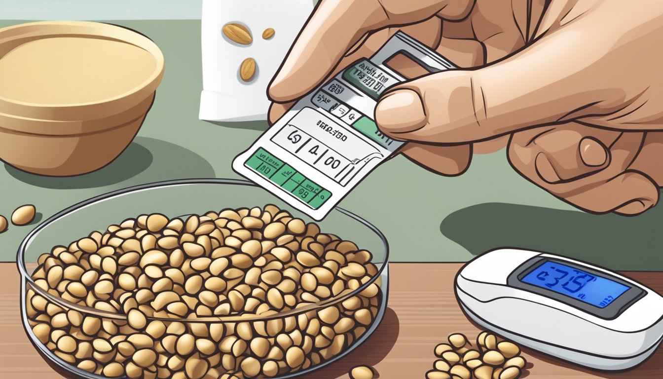 A diabetic carefully counting out a small portion of pine nuts from a bag, while a nutrition label and blood glucose monitor sit nearby