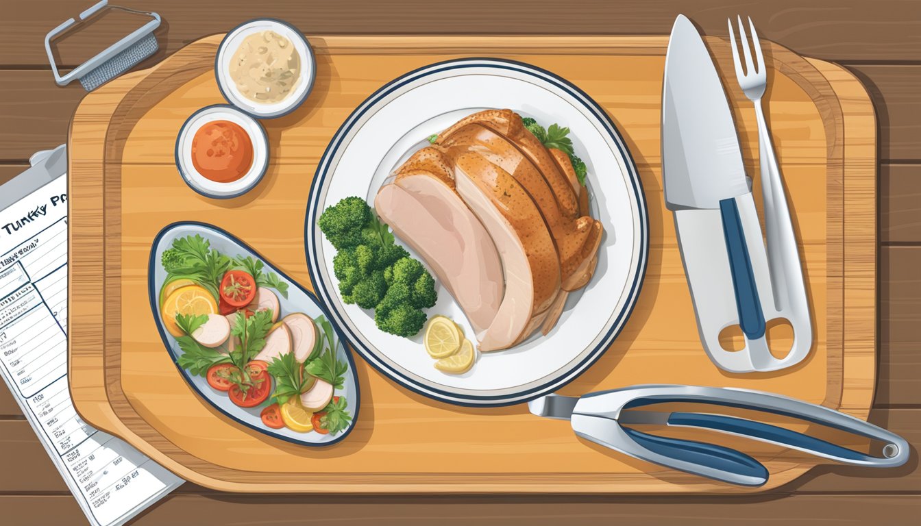 A plate with a portion of turkey breast, alongside a measuring tool and a diabetes-friendly meal plan chart