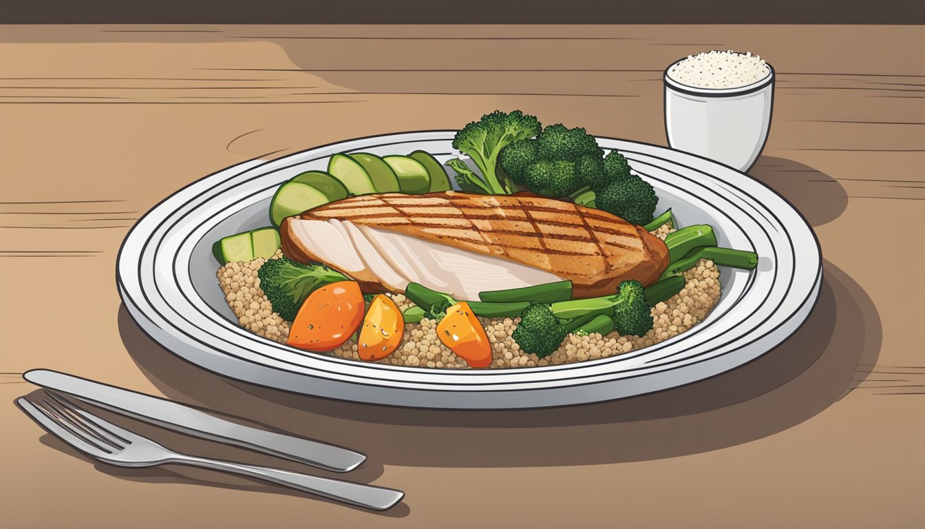 A plate with a balanced meal: grilled turkey breast, steamed vegetables, and a side of quinoa