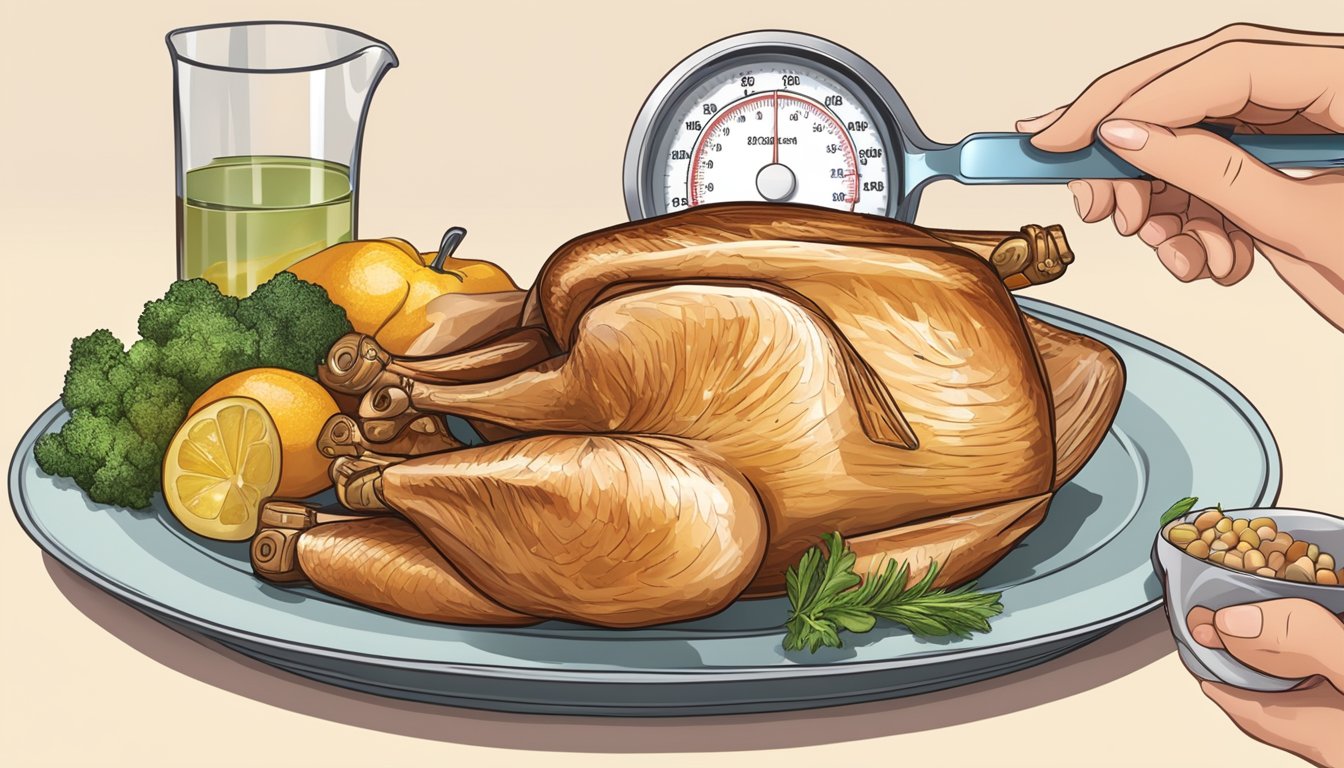 A diabetic measuring a portion of turkey breast on a plate with a measuring cup and a food scale nearby