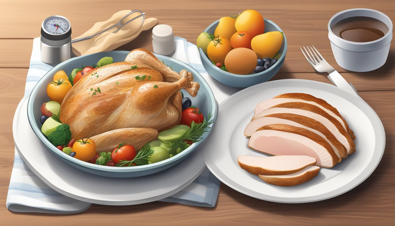 A plate with a portion of turkey breast, a measuring tool, and a diabetic-friendly food guide